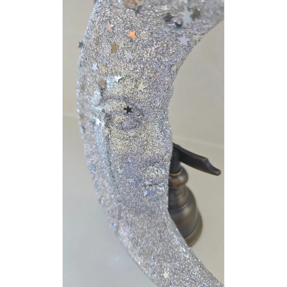 New Kurt Adler Silver Glitter Crescent Man in Moon Ornament styrofoam